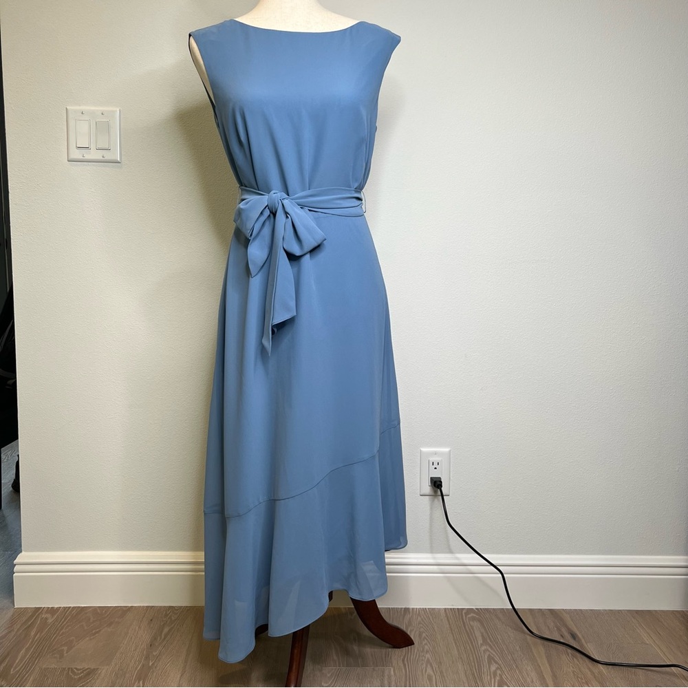 Comma Women Size 36 (US 6) Midi Boatneck Asymmetrical Ruffle Hem Blue Dress